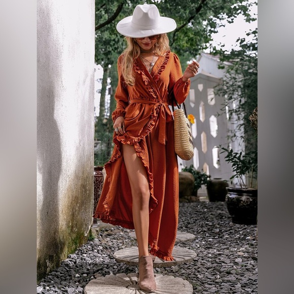 NEW SIMPLEE APPAREL Simplee Frill Trim Belted Wrap Hem Dress M - Picture 7 of 12